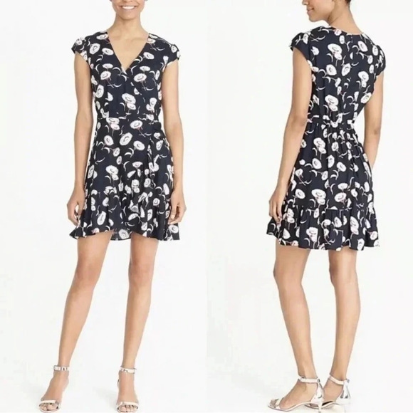 J. Crew Mercantile Blue Floating Floral Ruffle Deep V Faux Wrap Dress - Picture 1 of 12